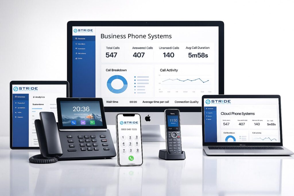 Business phone systems with modern VoIP desk phones in office setup