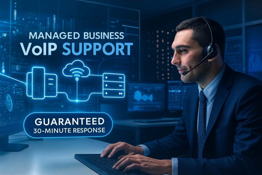 UK-based VoIP support engineer monitoring call analytics dashboard with guaranteed 30-minute response