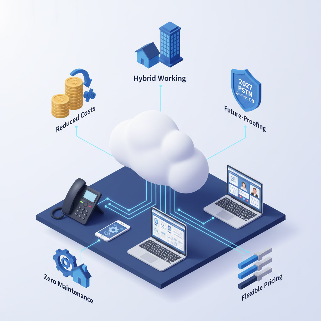 UK business team using modern VoIP phone system in office
