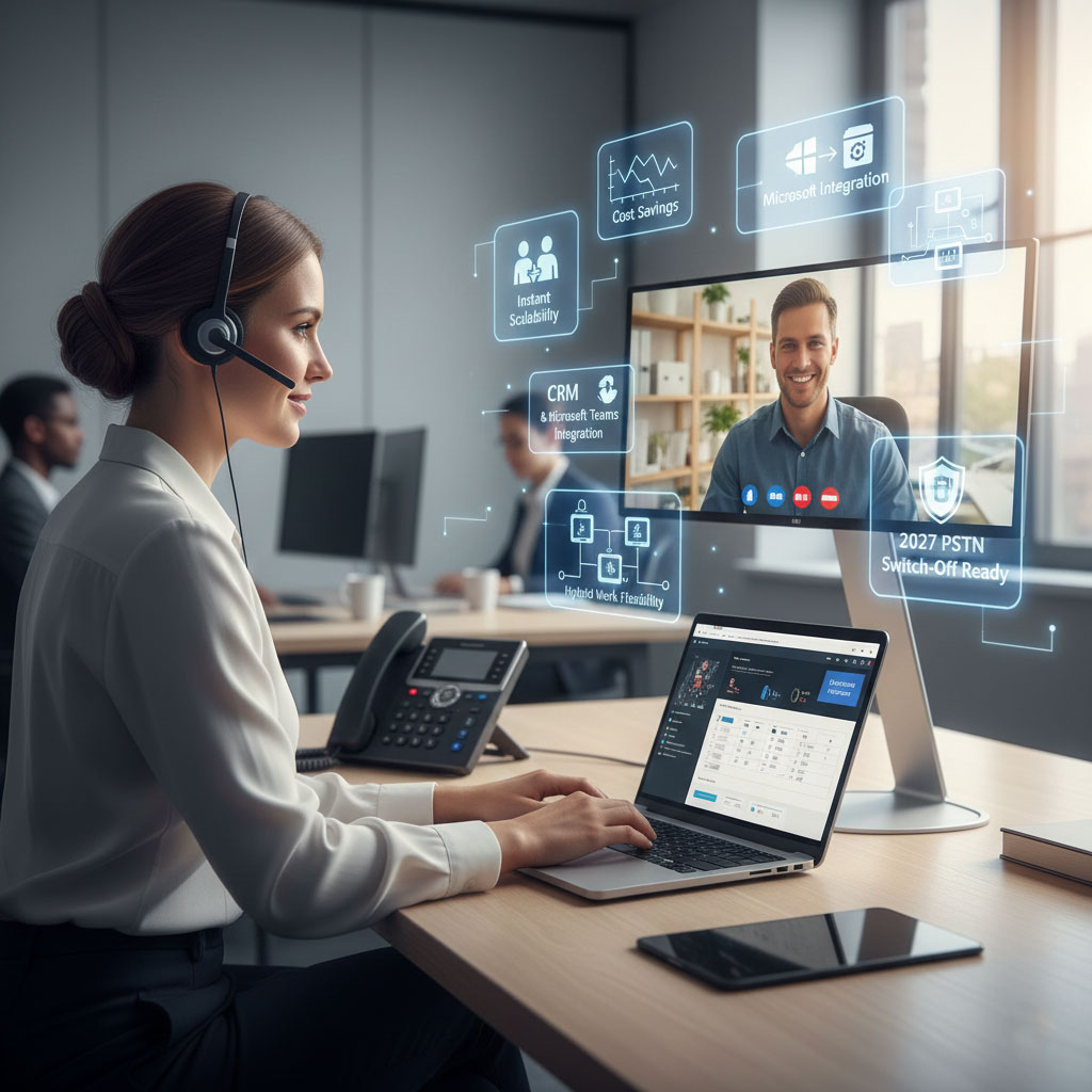 UK business team using modern VoIP phone system in office