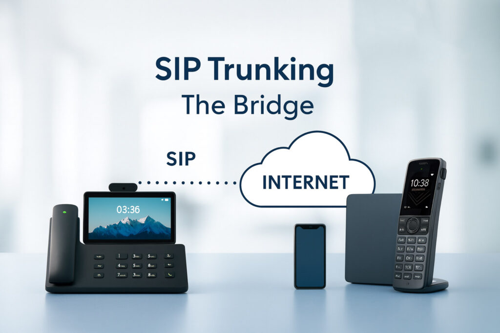Modern UK office setup showing SIP-enabled phones, analytics dashboard, and cloud routing for Stride SIP Trunking