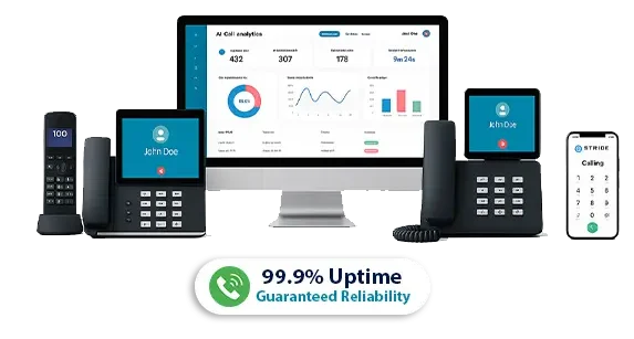 Stride Communications business phone systems – modern VoIP hardware and cloud-based call management setup in a professional office environment