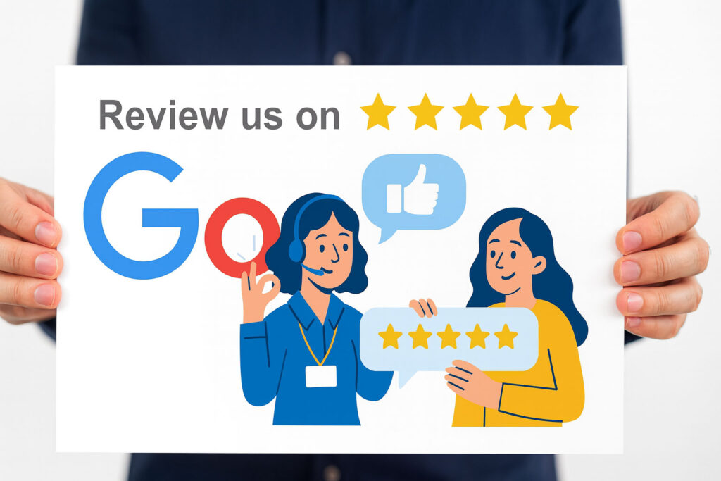 Happy UK business client holding a “Review us on Google” sign with 5-star rating and Google logo