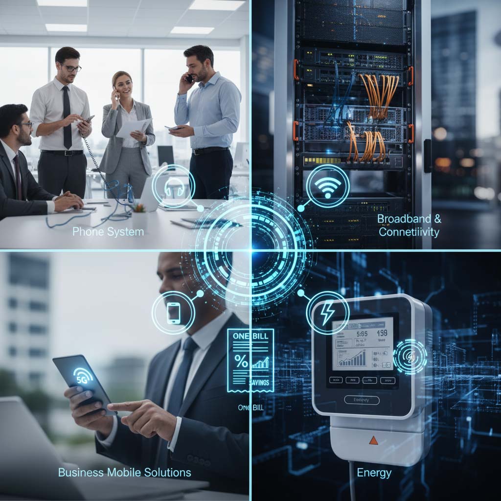 Unified business bundles collage showing phone, broadband, mobile, and WiFi services
