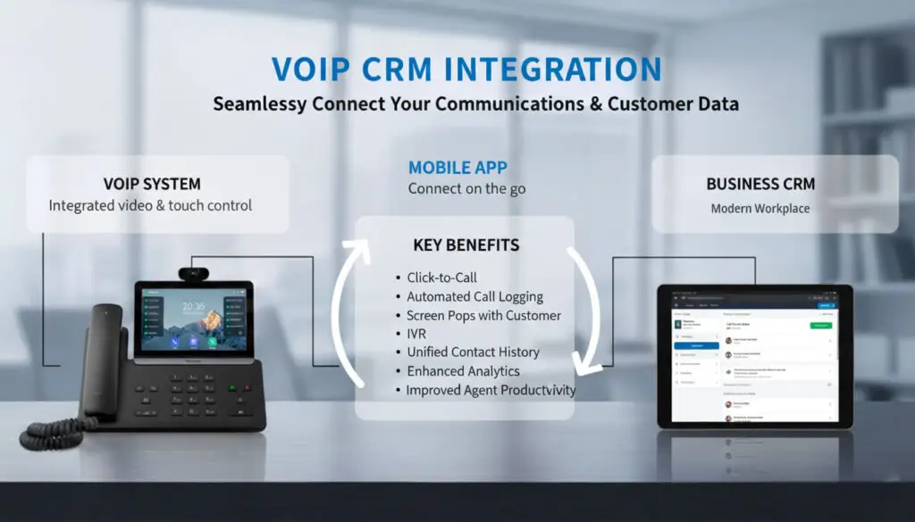 Diagram showing a VoIP phone system integrated with CRM software for enhanced customer management