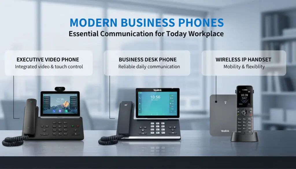 Professional VoIP deskphone on an office desk