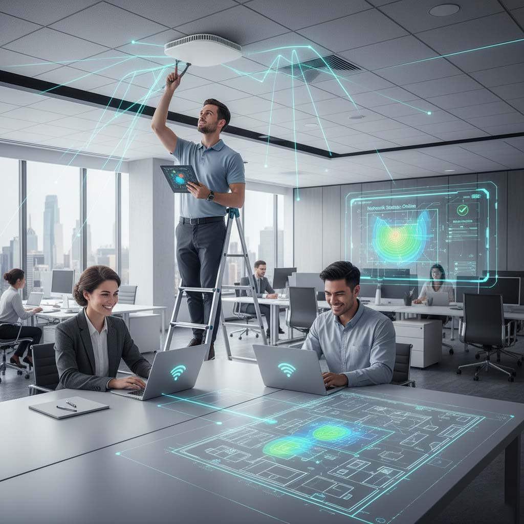 Modern office WiFi network installation by professional engineer