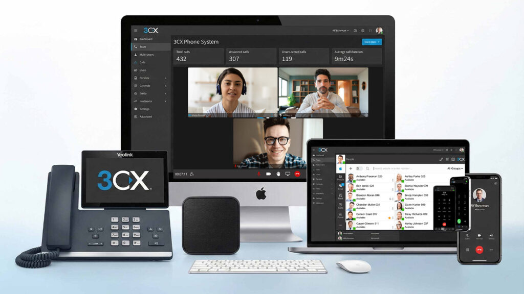3CX phone system interface showing business VoIP calls, live chat, and messaging on a company website