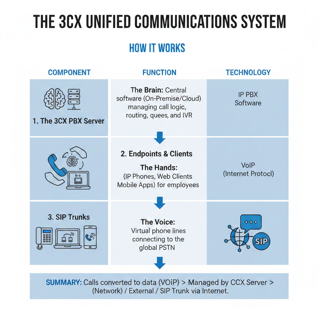 3CX Unified Communications System Flow: Visual explainer showing the connection between the 3CX PBX Server, Endpoints/Clients (desk phone, mobile), and SIP Trunks for managing VoIP calls.