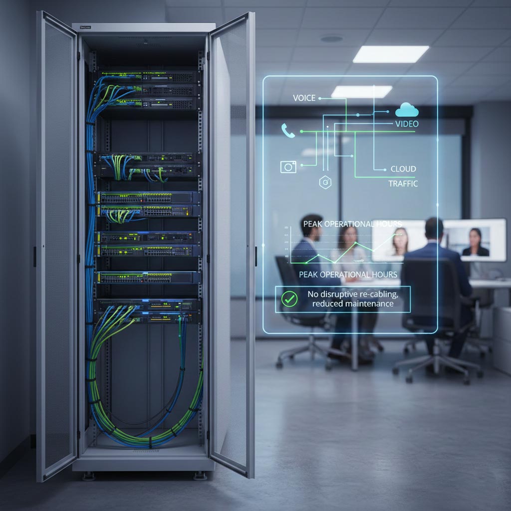 Professional network installation featuring organized server rack cabling and digital overlay of business data traffic management for voice and video.