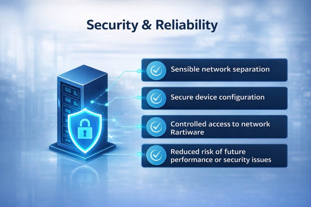 Business network cabinet showing secure, neatly installed switches and structured cabling to illustrate secure and reliable network installation in High Wycombe, Buckinghamshire.