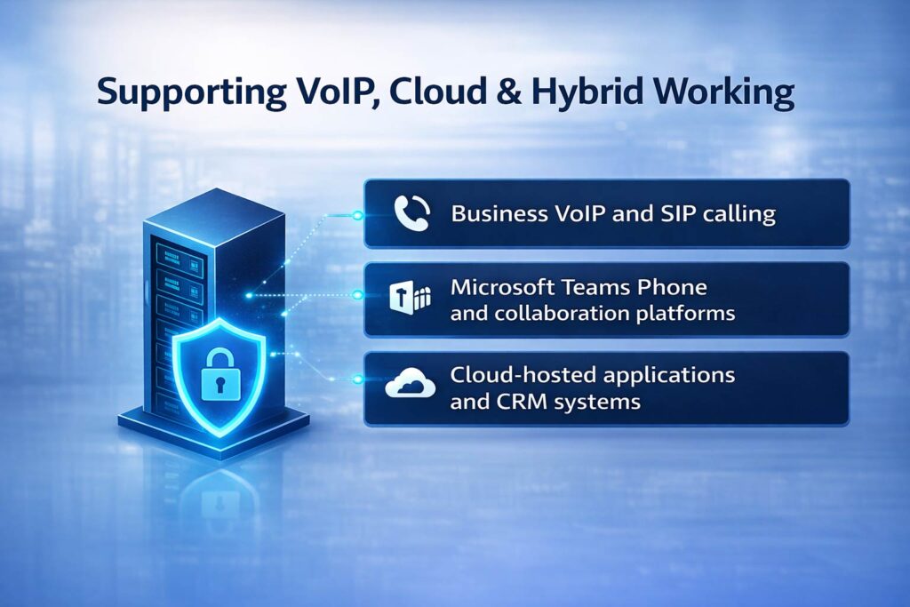 Business team using VoIP handsets, Microsoft Teams, and cloud apps over a secure network to enable hybrid working in Buckinghamshire.