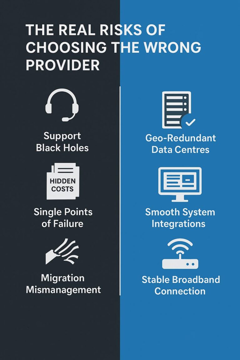 Alt Text: Infographic detailing the real risks of choosing the wrong VoIP provider for British businesses, including offshore support and hidden costs, contrasted with Stride Communication's UK-based, full-service, and resilient infrastructure solution.