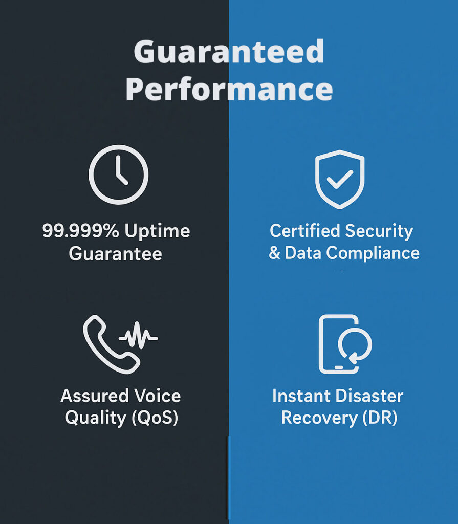 Conceptual image showing a secure shield icon and a three-tiered diagram, representing Stride Communication's non-negotiable Service Level Agreements (SLAs) and differentiated assurance model for UK VoIP services