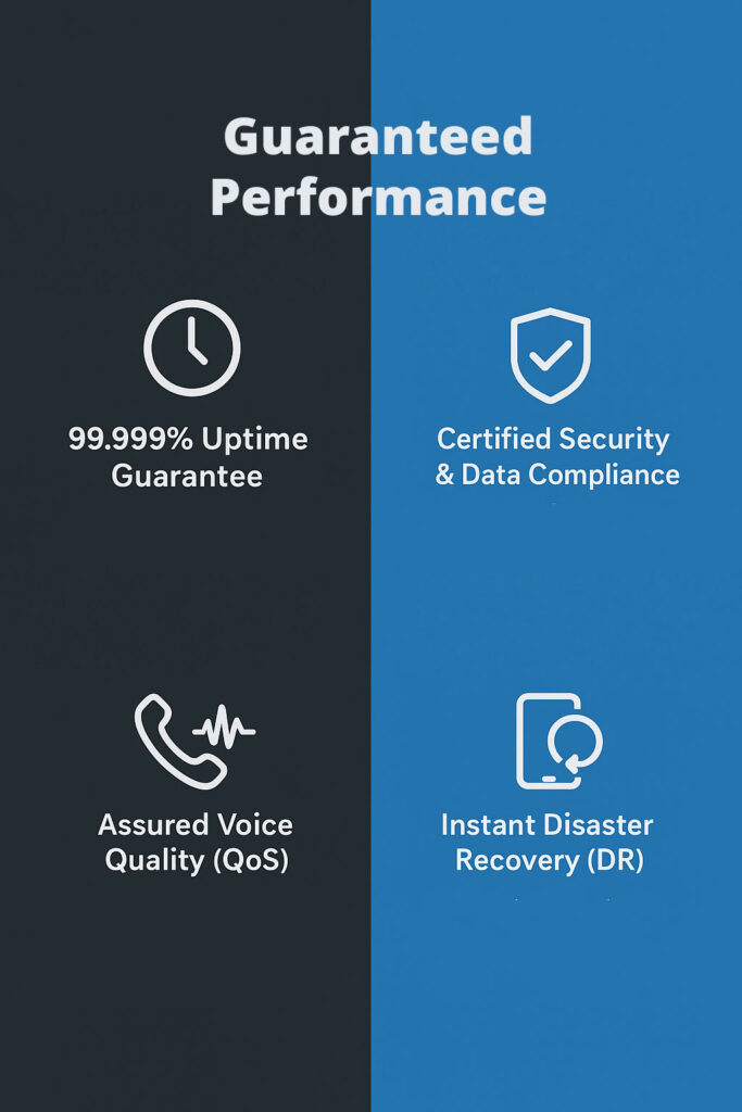 Conceptual image showing a secure shield icon and a three-tiered diagram, representing Stride Communication's non-negotiable Service Level Agreements (SLAs) and differentiated assurance model for UK VoIP services