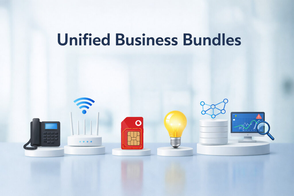 Team reviewing a unified services dashboard that combines telecoms, connectivity, and utilities from one trusted business provider.