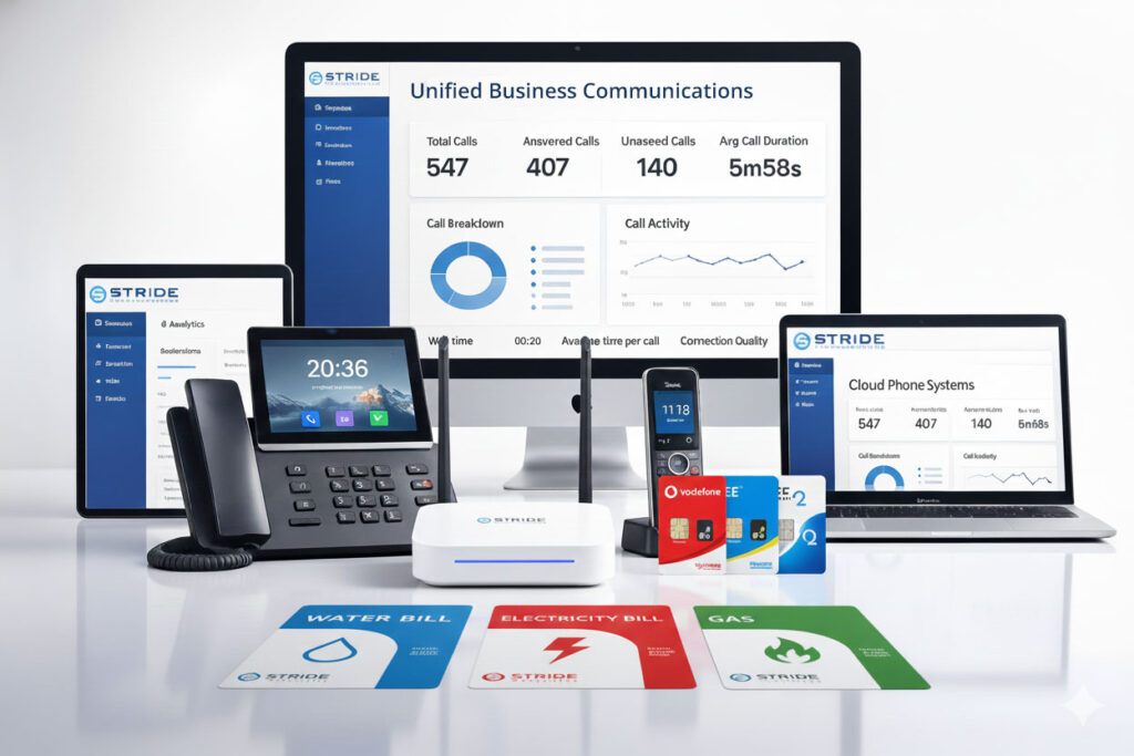 Unified Business Communications dashboard on monitor with professional VoIP desk phone, cordless handset, tablet, and smartphone displaying cloud phone system apps.