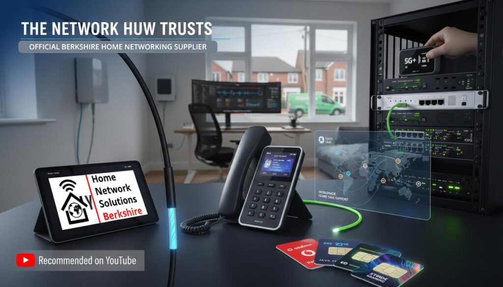 Stride Communications official networking equipment including UniFi Talk phone, 5G roaming SIM cards, and fibre optic cabling, featuring the Home Network Solutions Berkshire logo.