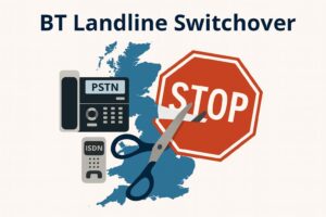 Illustration showing BT landline switchover in the UK with ISDN phone, stop sign, and 2027 deadline