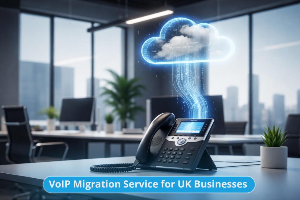Professional business VoIP migration service for a UK office, showing a modern desk phone transitioning to a secure cloud network ahead of the 2027 PSTN switch-off.