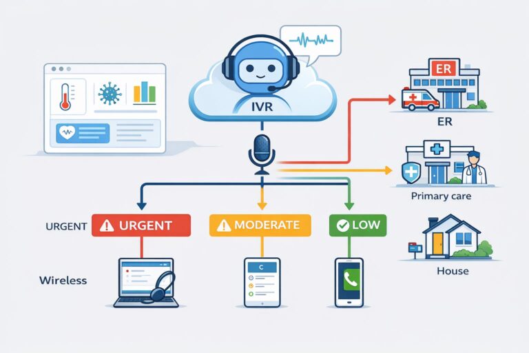 Flowchart of an intelligent patient triage IVR system showing automated medical routing and AI voice response