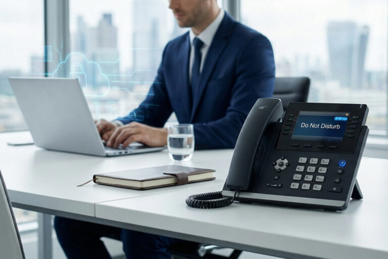 Desk phone showing call recording on a professional services small business phone system
