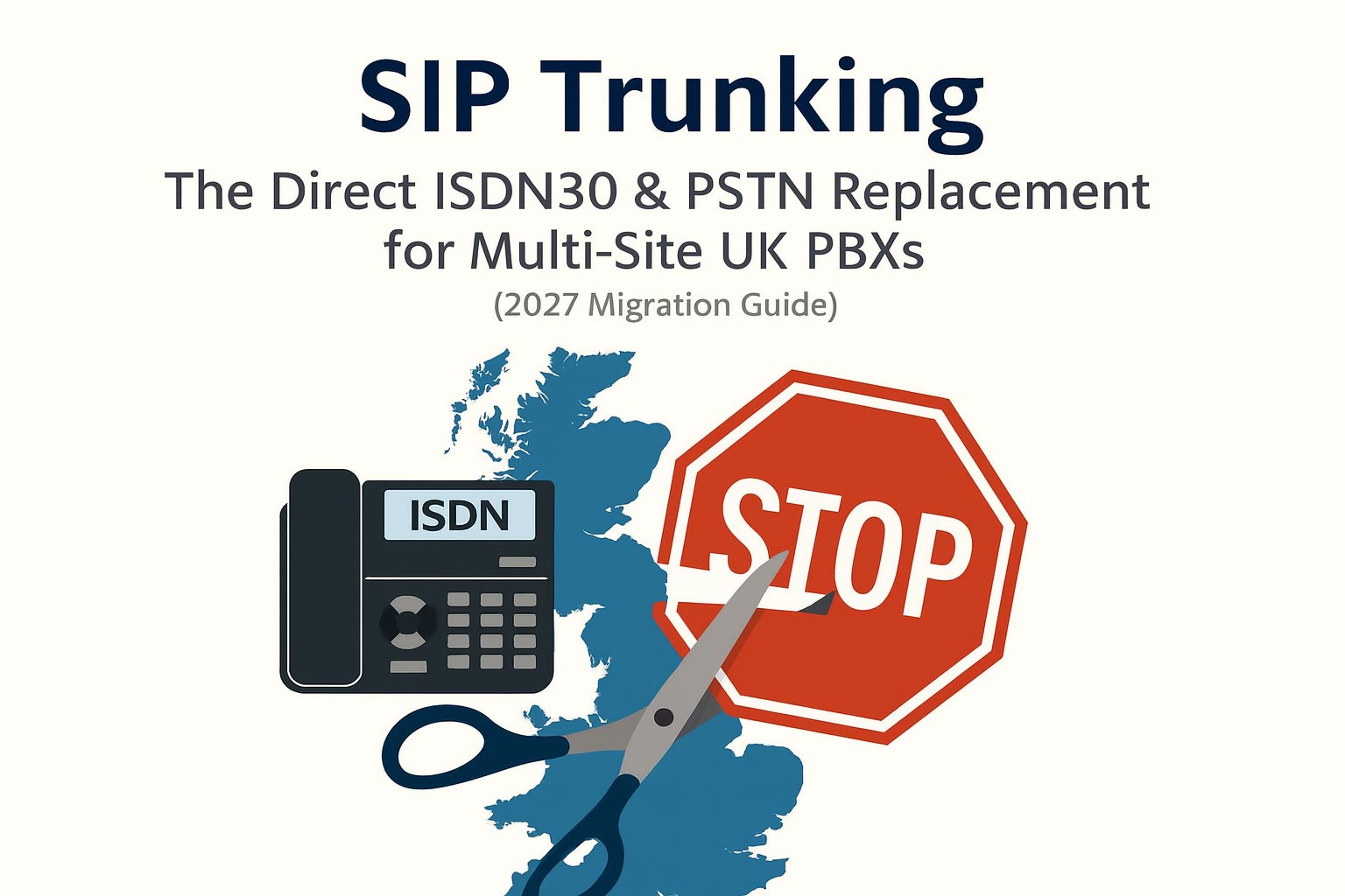A professional technical workspace showing a hybrid cloud PBX system replacing legacy ISDN30 lines for a UK business.