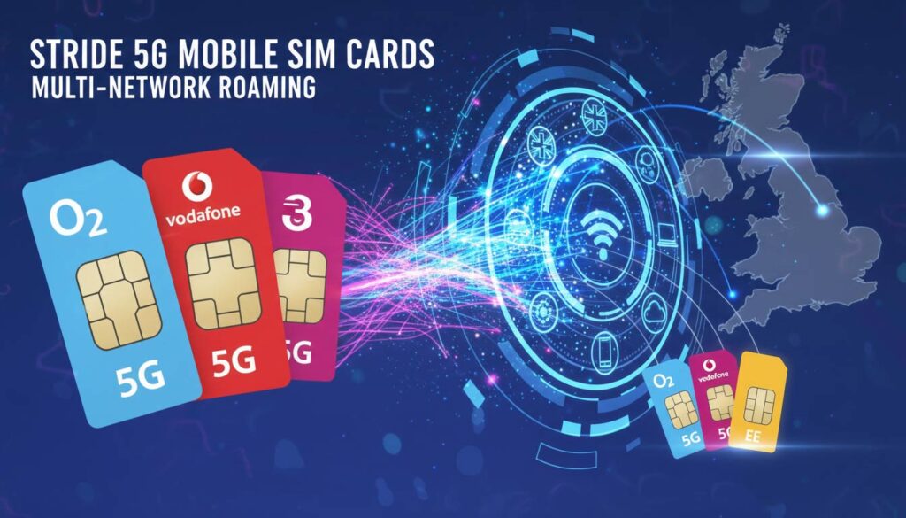 A set of large 5G SIM cards representing O2, Vodafone, Three, and EE networks, highlighting multi-network roaming and single-network options.