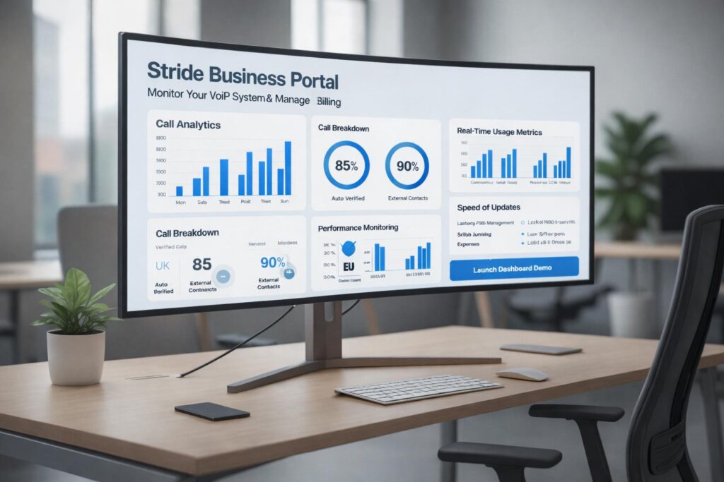 Professional VoIP analytics dashboard within the Stride Business Portal showing real-time QoS metrics, call volume heatmaps, and automated billing for a UK business.