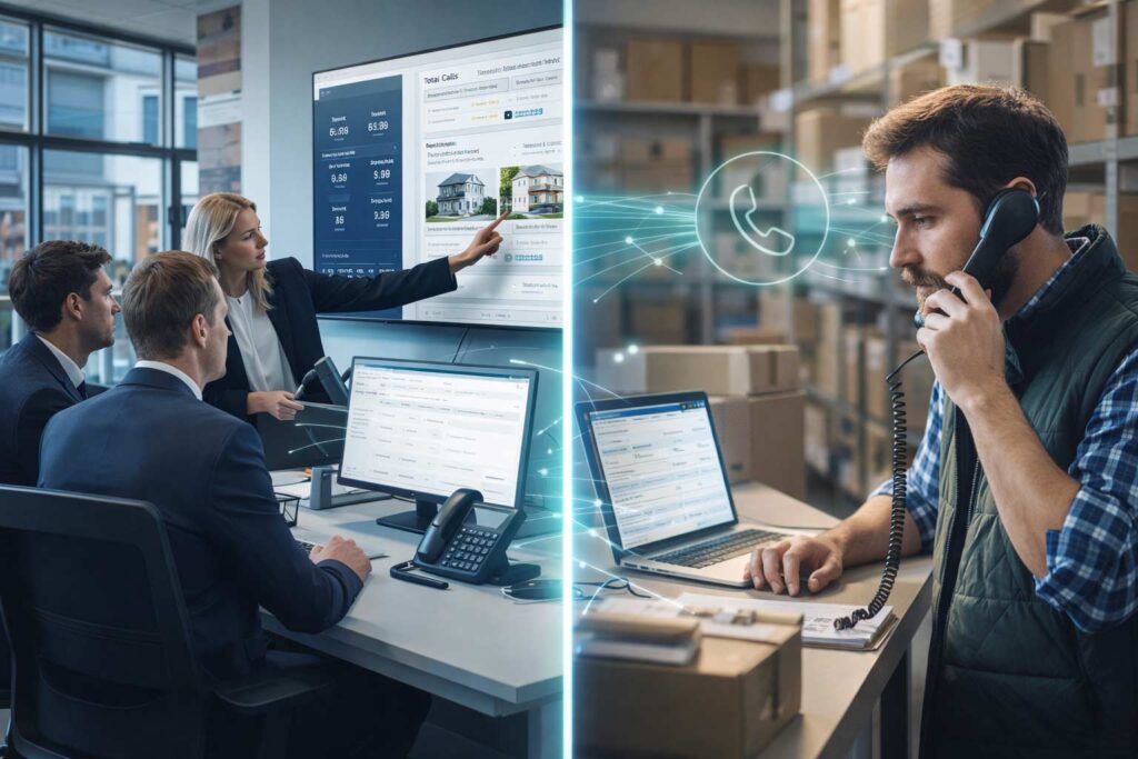 Unified cloud phone system hero image showing UK estate agents and small business teams connected via VoIP and SIP trunking on Stride Communications case studies page.