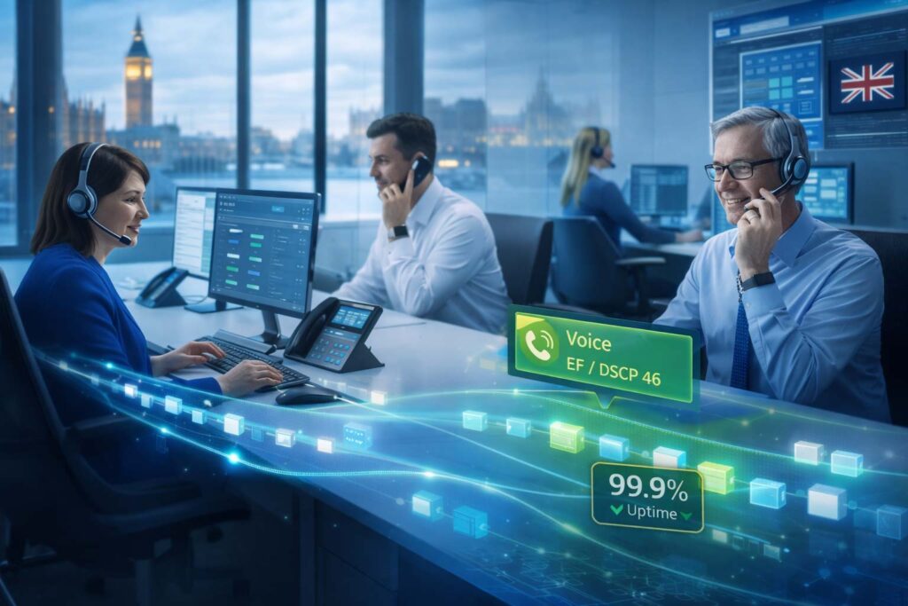 UK business team using VoIP phones over a fibre connection with QoS prioritising call quality