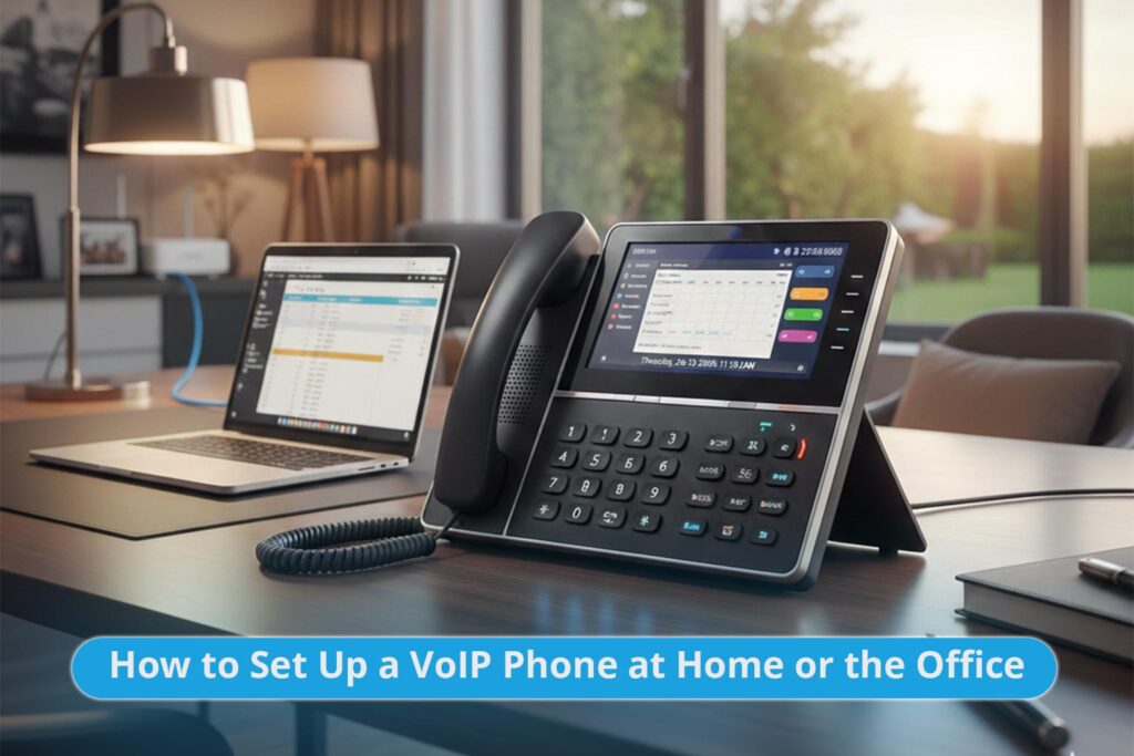 Professional VoIP desk phone setup on a modern UK office desk showing Ethernet connection to a router for business cloud telephony.