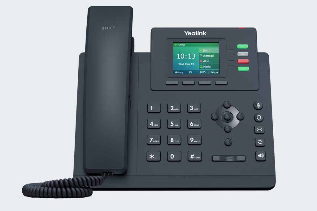 Yealink SIP-T43U multi-line office phone showing dedicated line keys and paperless label design.