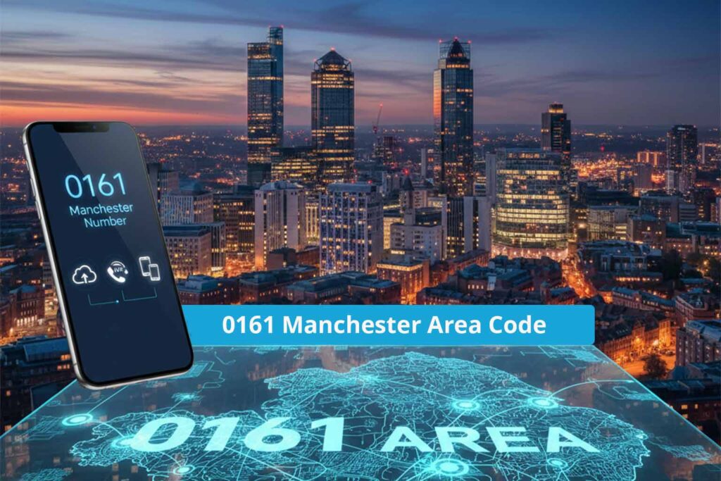 Virtual 0161 Manchester business phone number displayed on a smartphone with a cloud-based VoIP network map of Greater Manchester in the background