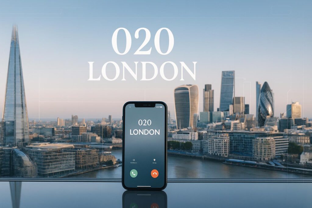 London skyline with smartphone showing 020 business number and digital call interface