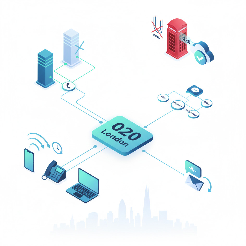 Isometric business telecom illustration showing virtual 020 London phone number features including IVR, call routing, voicemail-to-email, and cloud disaster recovery.