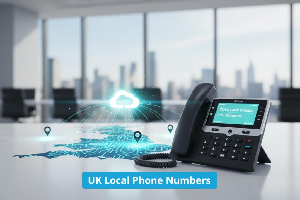 A modern VoIP desk phone displaying a Manchester 0161 local area code with a digital UK map showing regional connectivity hubs